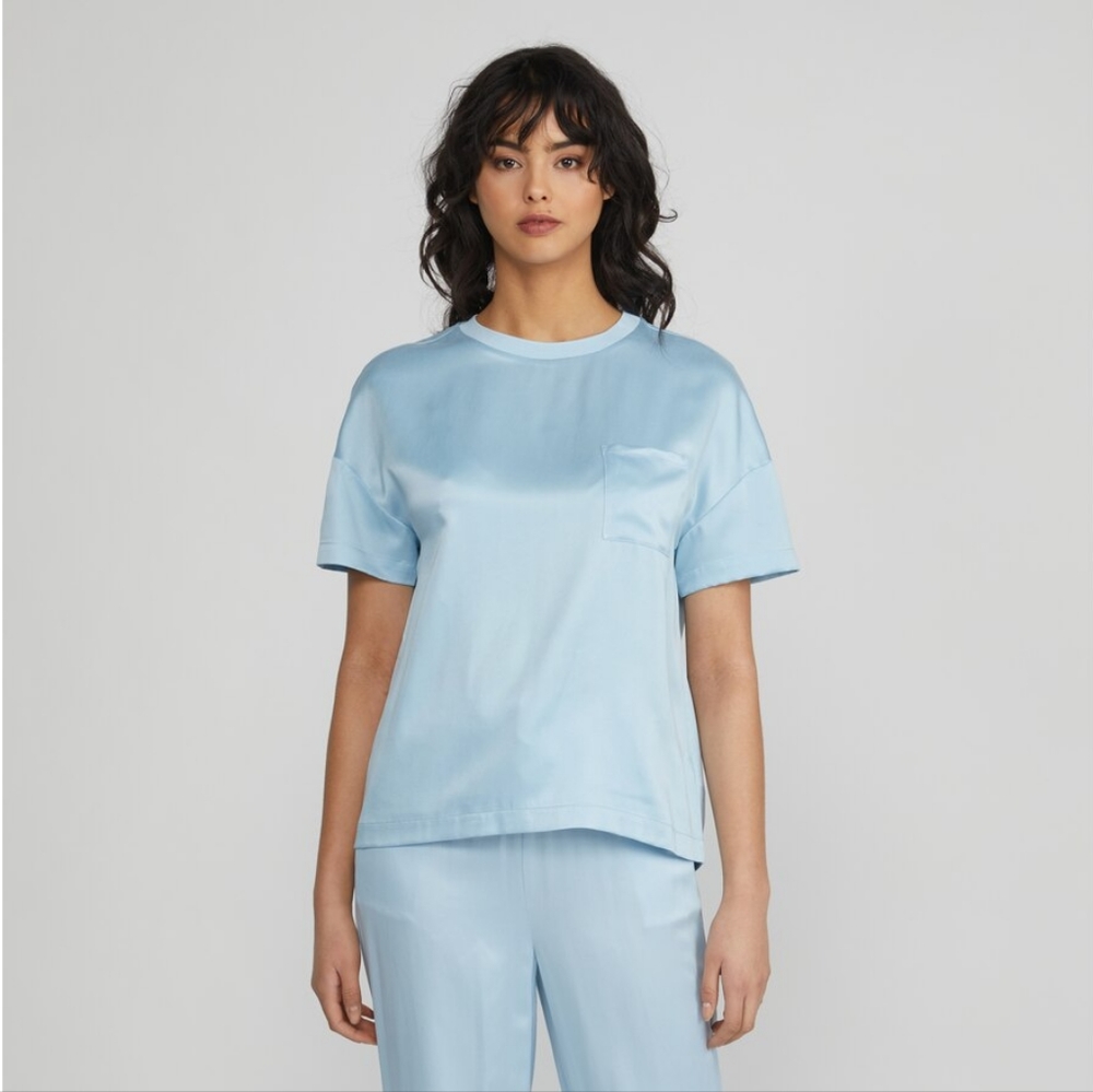 NWT Badgley Mischka Mulberry Silk Light Blue Pocket Tee